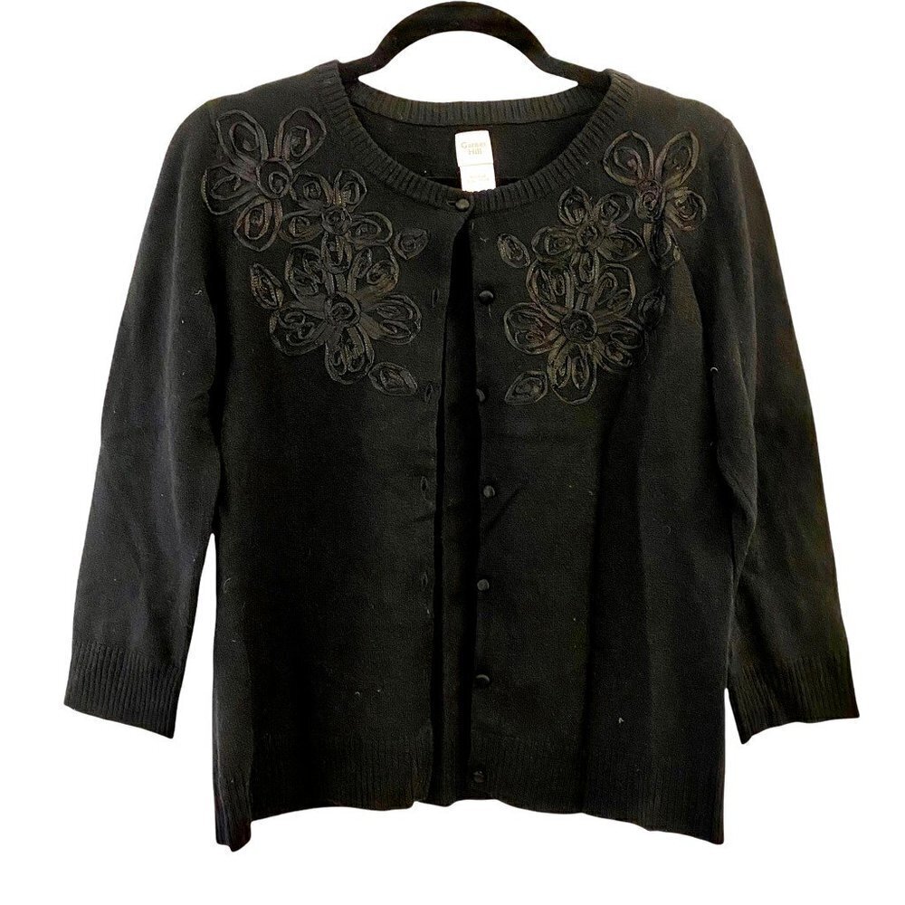 Garnet Hill Womens Cardigan Sweater Black Floral Wool Button Crew Neck Small